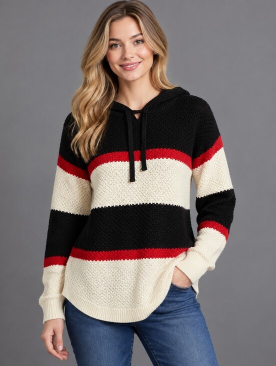 Cloud Chaser Tops - CLOUD CHASER Color Block Striped Loose Knit Hoodie Sweater